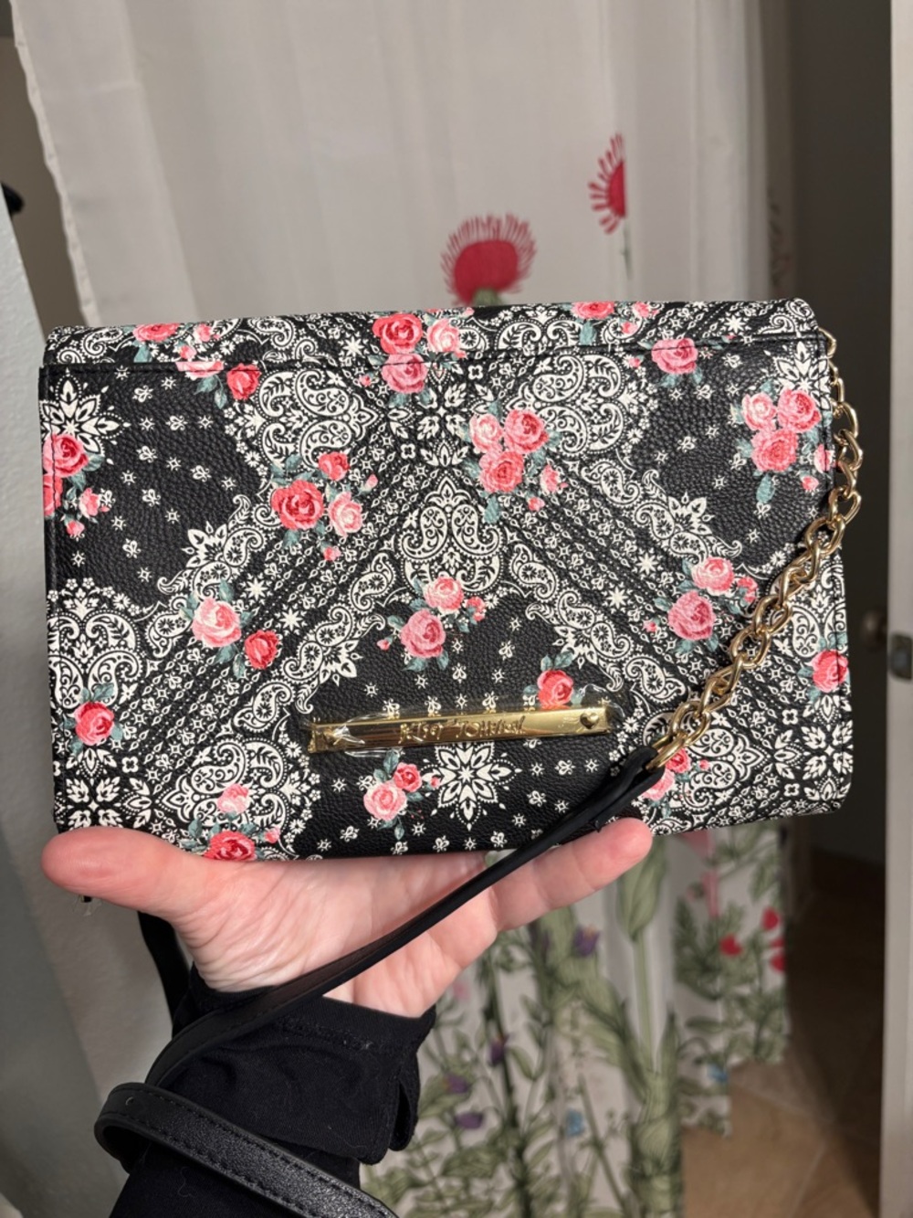 Betsey Johnson Black Floral Crossbody with Pink Rose Print and Bow - Picture 2 of 8